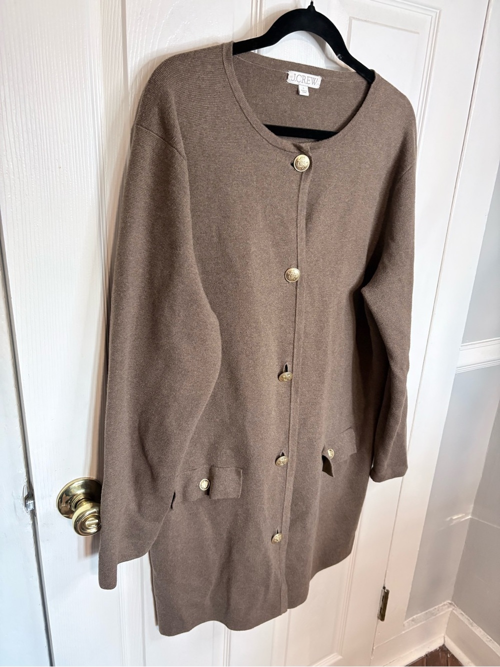 J.Crew | Long Giselle Sweater Blazer Gold Crest Buttons | L Mocha Brown - Picture 3 of 11
